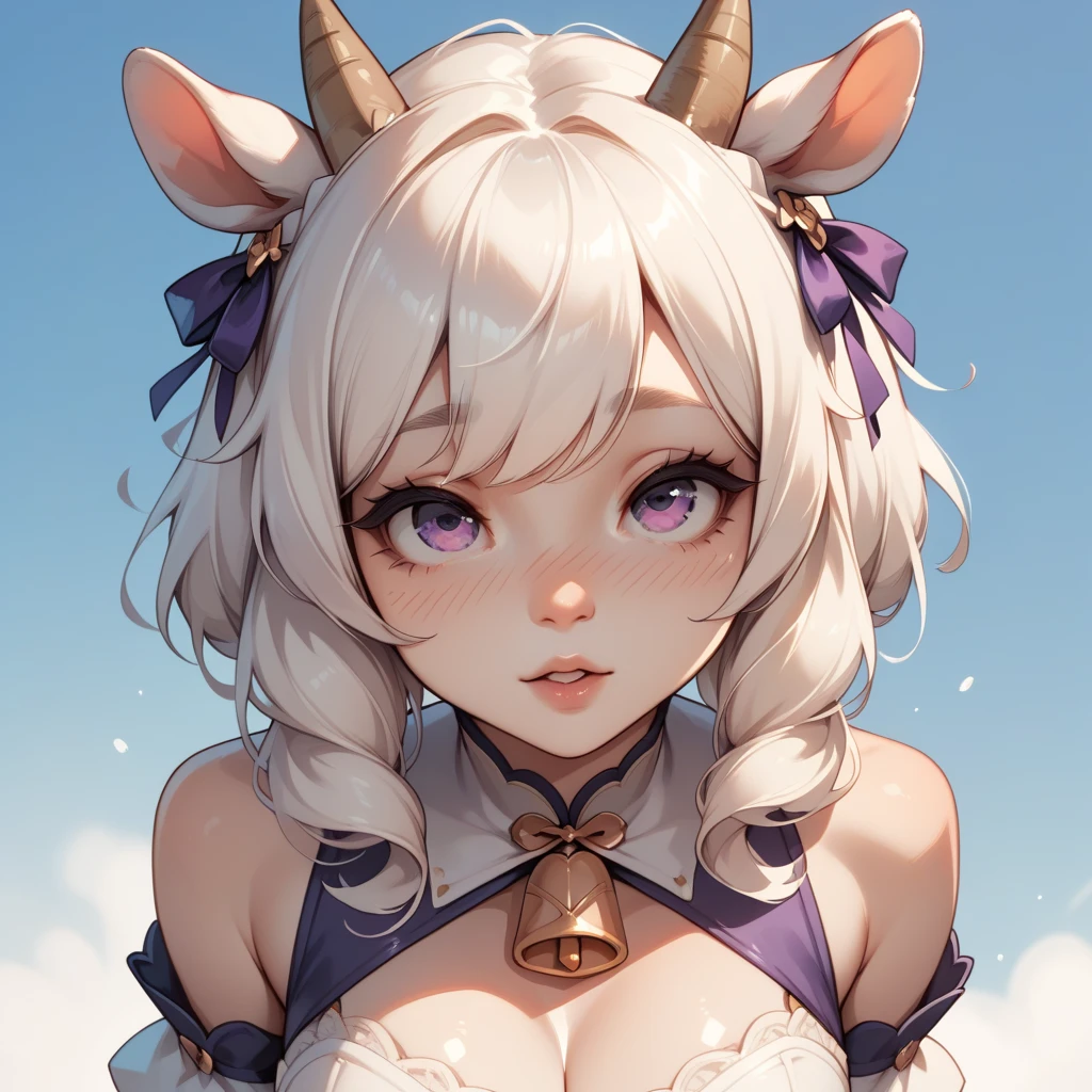 a girl with lamb ears, white hair, purple eyes, fair skin. looking up image from the waist up and a nature background