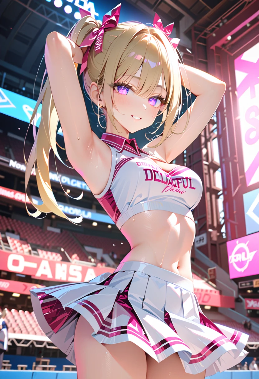 1 girl, (beautiful girl), sexy, smile, blush, blonde hair, voluminous pigtails, long bangs, (cheerleader uniform, pink pompom), (detailed beautiful face, finely detailed beautiful eyes), naughty look, medium breast, sweaty, arms up, cute pose, 
(cowboy shot, face focus), deep depth of field, stunning, fascinating, enchanting, cinematic lighting, cinematic composition, anime style, vibrant colors, thin lines, dreamlike, 
absurdres, highres, masterpiece, best quality, newest, very aesthetic, ultra quality, high detailed, anatomically correct, perfect hands, 