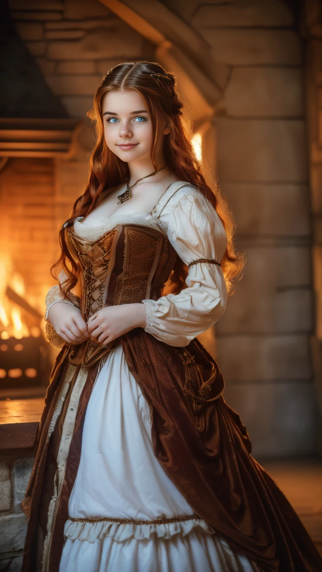 ((   high resolution)), ((Univers Steampunk  )), ((pale skin)),   freckles, ((long, wavy red hair  )),  (( 18 years))   girl :1.6, ((  Beautiful   girl :1.6)),with blue eyes,   cheeks blush  , Smiling,((Decoltee)) ((Middle Ages )),((Stands in front of a fireplace)), ((short medieval dress)), jewelry,((Elegant Pose)),((  Masterpiece  )),((cinematic)),((  high resolution)),((from below))