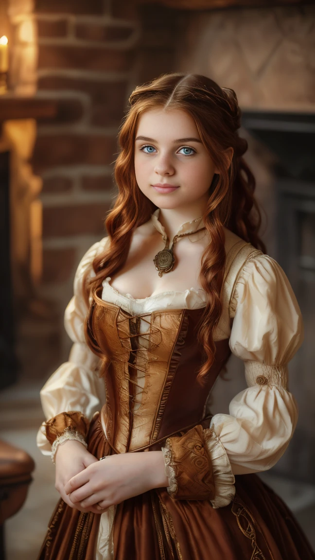 ((   high resolution)), ((Univers Steampunk  )), ((pale skin)),   freckles, ((long, wavy red hair  )),  (( 18 years))   girl :1.6, ((  Beautiful ****  girl :1.6)),with blue eyes,   cheeks blush  , Smiling,((Decoltee)) ((Middle Ages )),((Stands in front of a fireplace)), ((short medieval dress)), jewelry,((Elegant Pose)),((  Masterpiece  )),((cinematic)),((  high resolution)),((from below))