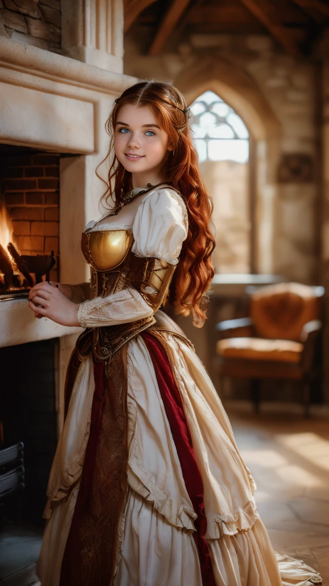 ((   high resolution)), ((Univers Steampunk  )), ((pale skin)),   freckles, ((long, wavy red hair  )),  (( 18 years))   girl :1.6, ((  Beautiful teen  girl :1.6)),with blue eyes,   cheeks blush  , Smiling,((Decoltee)) ((Middle Ages )),((Stands in front of a fireplace)), ((short medieval dress)), jewelry,((Elegant Pose)),((  Masterpiece  )),((cinematic)),((  high resolution)),((from below))