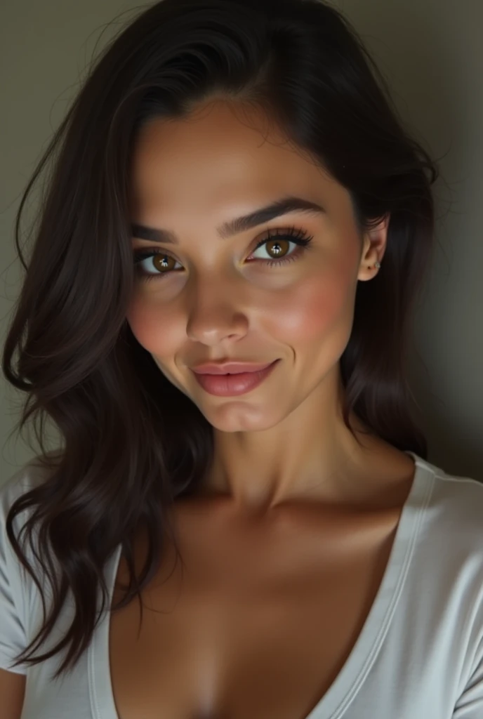 (photorealism:1.2), beautiful woman, Full length selfie of a girl with her black hair in a ponytail and wearing a blouse, slim and fit, at home, looking directly at the camera