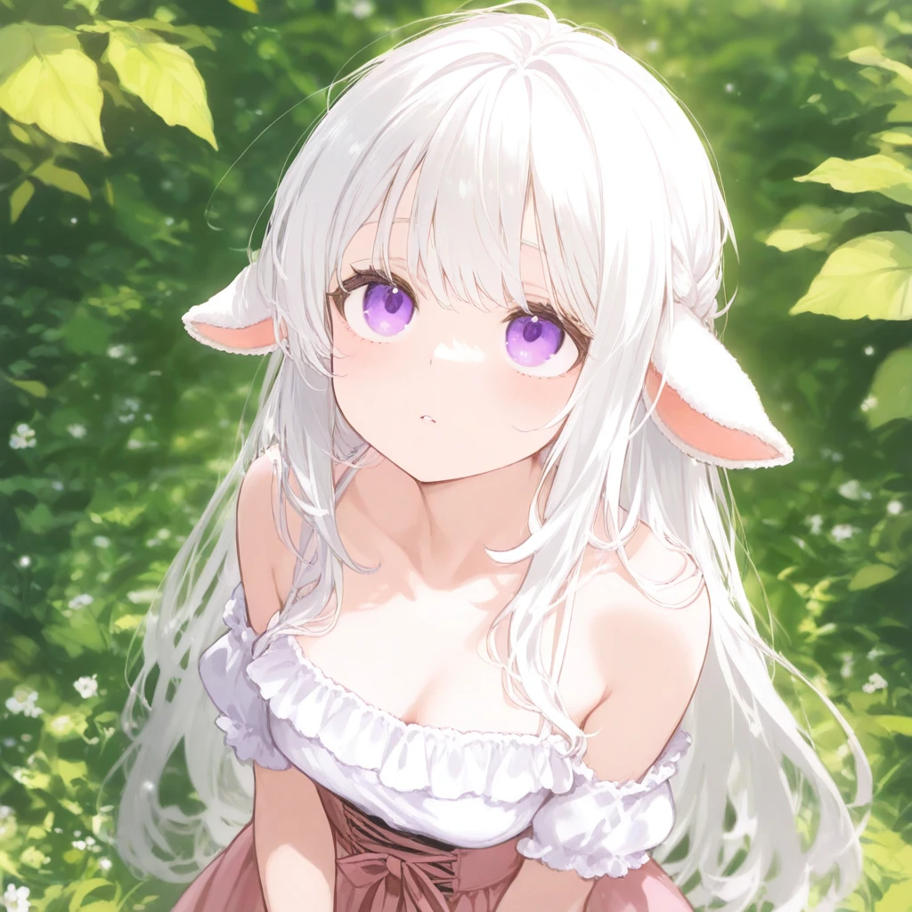 a girl with lamb ears, white hair, purple eyes, fair skin. looking up image from the waist up and a nature background