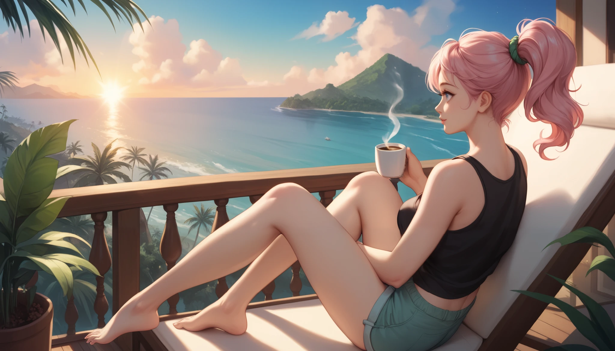 "A woman with pastel green and pink hair tied in a ponytail sits barefoot on a bamboo chair on a rooftop balcony overlooking a tropical island. She is dressed in a black tank top and loose beach shorts, typing on her laptop. A cup of coffee sits nearby, and the distant sound of waves reaching the shore blends with the gentle rustling of palm trees. The sky above is filled with stars, and the warm glow of lanterns on the balcony adds to the peaceful, island-night ambiance."
