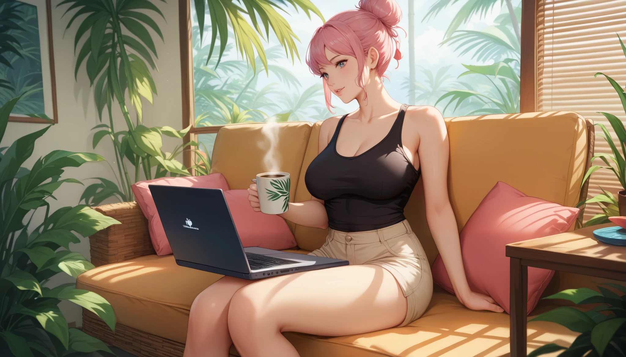 masterpiece, best quality, highres, A woman with pastel green and pink hair tied in a bun sits on a wicker armchair in a tropical-inspired living room, typing on her laptop. She wears a black tank top and beige shorts. The sunlight pours through large windows framed by bamboo blinds, highlighting the lush indoor plants and tropical prints on the pillows. A steaming cup of coffee sits on a nearby side table, adding a touch of warmth to the airy, vibrant space."
