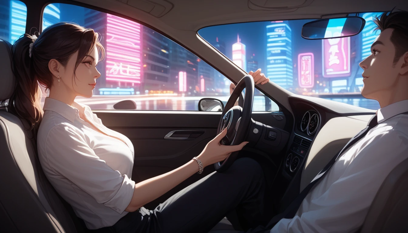 "An anime-style illustration of a woman inside a standard car, viewed from a side angle. She is wearing a white shirt and black trousers, with both hands on the steering wheel. The background shows a vibrant cityscape with neon lights visible through the car windows. The focus is on her profile, capturing her calm and focused expression. The car interior is simple and modern, with soft lighting and reflections from the city outside."
