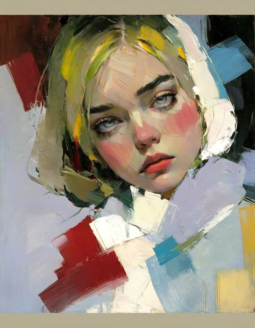 Create an evocative oil painting inspired by Malcolm Liepke, based on the provided image. Capture the intense, introspective expression of the young subject using thick, expressive brushstrokes and a muted color palette. Highlight the emotional depth and vulnerability in the subject's gaze, emphasizing the play of light and shadow on their face. Maintain a simple, textured background that complements the subject's contemplative presence. Focus on the tactile quality of the oil paint to convey the raw emotion and intimacy characteristic of Liepke's style. After applying thick paint, use a dry brush to drag over the surface lightly. This technique can create interesting textures by revealing the underlayers.