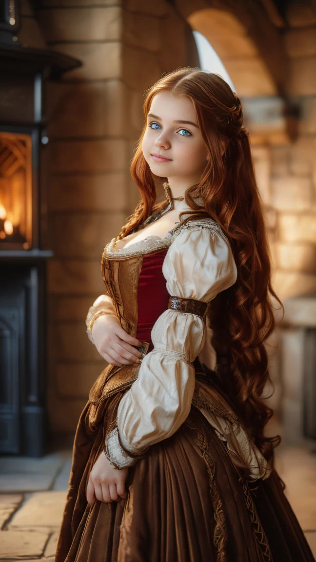 ((   high resolution)), ((Univers Steampunk  )), ((pale skin)),   freckles, ((long, wavy red hair  )),  (( 18 years))   girl :1.6, ((  Beautiful   girl :1.6)),with blue eyes,   cheeks blush  , Smiling,((Decoltee)) ((Middle Ages )),((stands in front of a large fireplace)), ((short medieval dress)), jewelry,((Elegant Pose)),((  Masterpiece  )),((cinematic)),((  high resolution)),((from below))