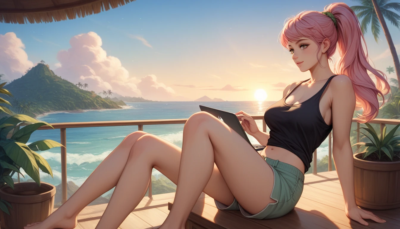 masterpiece, best quality, highres, A woman med boobs with pastel green and pink hair tied in a ponytail sits barefoot on a bamboo chair on a rooftop balcony overlooking a tropical island. She is dressed in a black tank top and loose beach shorts, typing on her laptop. A cup of coffee sits nearby, and the distant sound of waves reaching the shore blends with the gentle rustling of palm trees. The sky above is filled with stars, and the warm glow of lanterns on the balcony adds to the peaceful, island-night ambiance."
