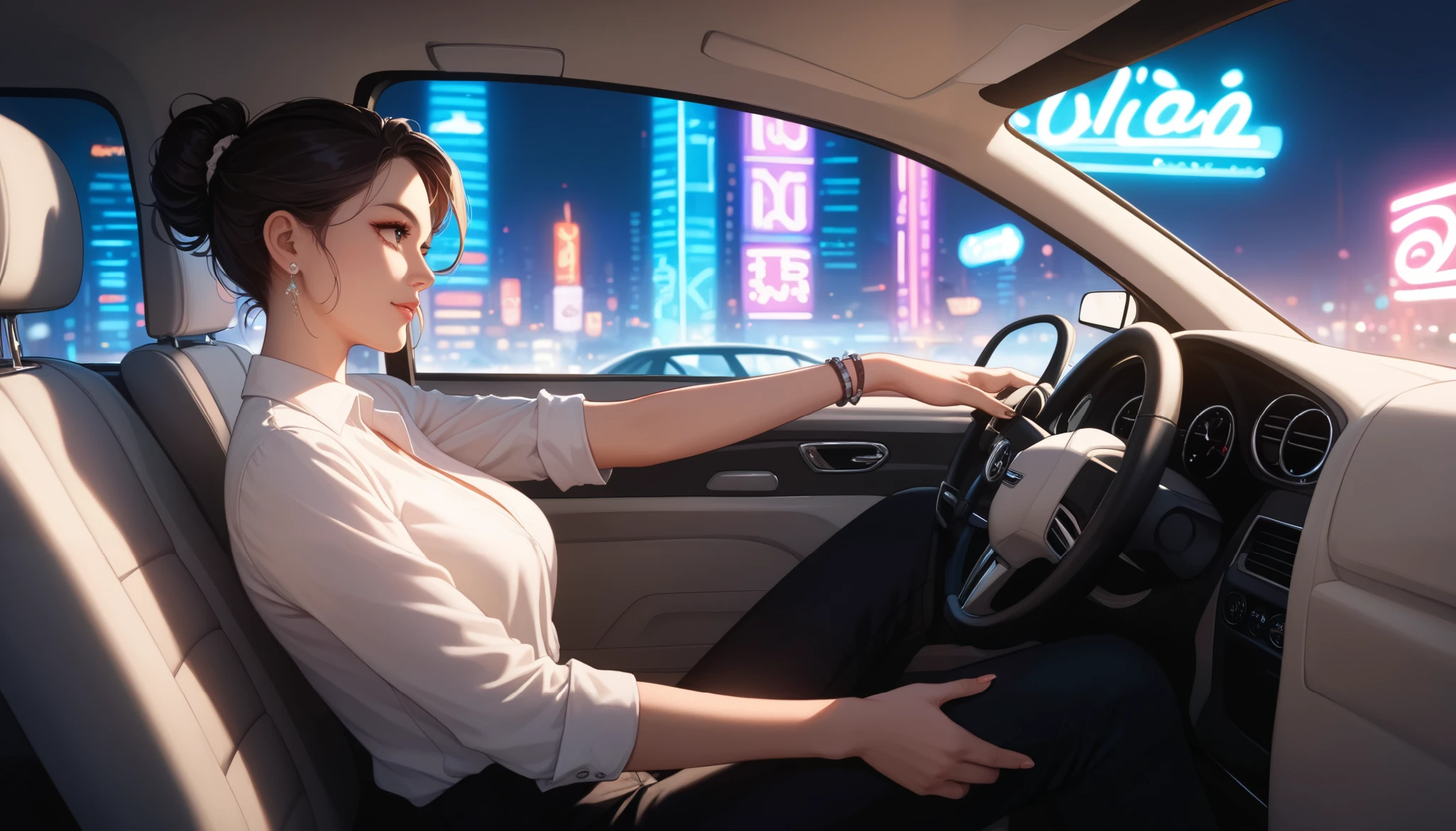 "An anime-style illustration of a woman inside a standard car, viewed from a side angle. She is wearing a white shirt and black trousers, with both hands on the steering wheel. The background shows a vibrant cityscape with neon lights visible through the car windows. The focus is on her profile, capturing her calm and focused expression. The car interior is simple and modern, with soft lighting and reflections from the city outside."
