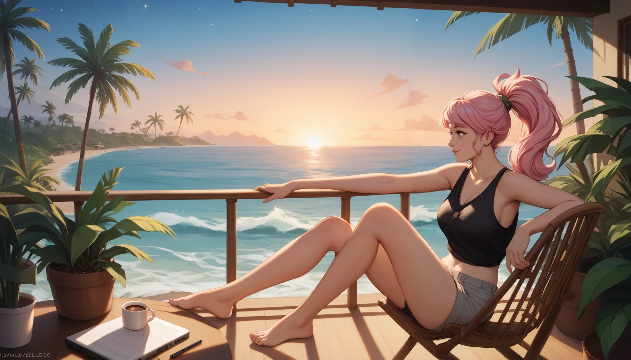 masterpiece, best quality, highres, A woman med boobs with pastel green and pink hair tied in a ponytail sits barefoot on a bamboo chair on a rooftop balcony overlooking a tropical island. She is dressed in a black tank top and loose beach shorts, typing on her laptop. A cup of coffee sits nearby, and the distant sound of waves reaching the shore blends with the gentle rustling of palm trees. The sky above is filled with stars, and the warm glow of lanterns on the balcony adds to the peaceful, island-night ambiance."