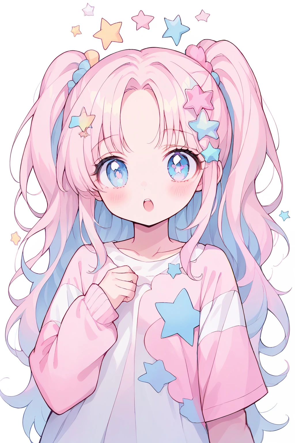 neondskdrmsxl, score_9_climb, score_8_climb, score_7_climb, score_6_climb, girls, alone, pastel colors, open mouth, long hair, star , (mark), star hair accessories, hair accessories, Twintail, look at viewer, blue eyes, pastel neon lighting, source_anime, neon, neon theme , white background Edge distance, beautiful, cute, anime, cute girls