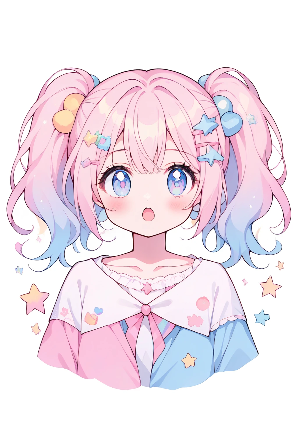 neondskdrmsxl, score_9_climb, score_8_climb, score_7_climb, score_6_climb, girls, alone, pastel colors, open mouth, long hair, star , (mark), star hair accessories, hair accessories, Twintail, look at viewer, blue eyes, pastel neon lighting, source_anime, neon, neon theme , white background Edge distance, beautiful, cute, anime, cute girls