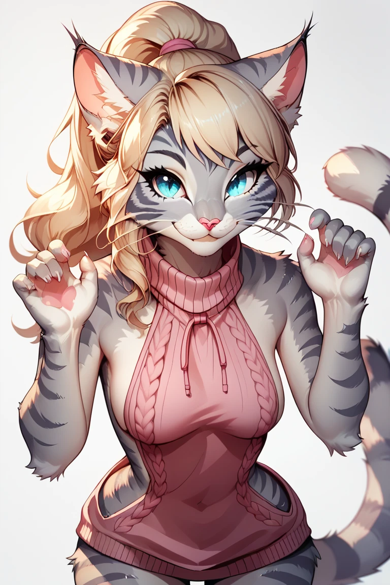 score_9,score_8_up,score_7_up, source_cartoon, source_furry, Kat, a cute Anthro furry feline girl, tall body, hourglass figure, adult female, blue eyes, :3, silver fur, long blonde hair, hair in a ponytail, white whiskers, pink nose, wearing pink virgin killer sweater, one hand on hip, sexy pose, simple grey background,