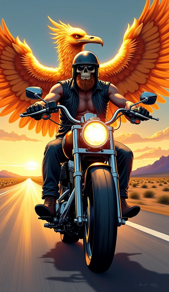 On Route 66 a motorcycle being ridden by a skull with a cigar in the background sexy woman. In the sky an eagle flying. Dark theme in the shape of an emblem or logo. 