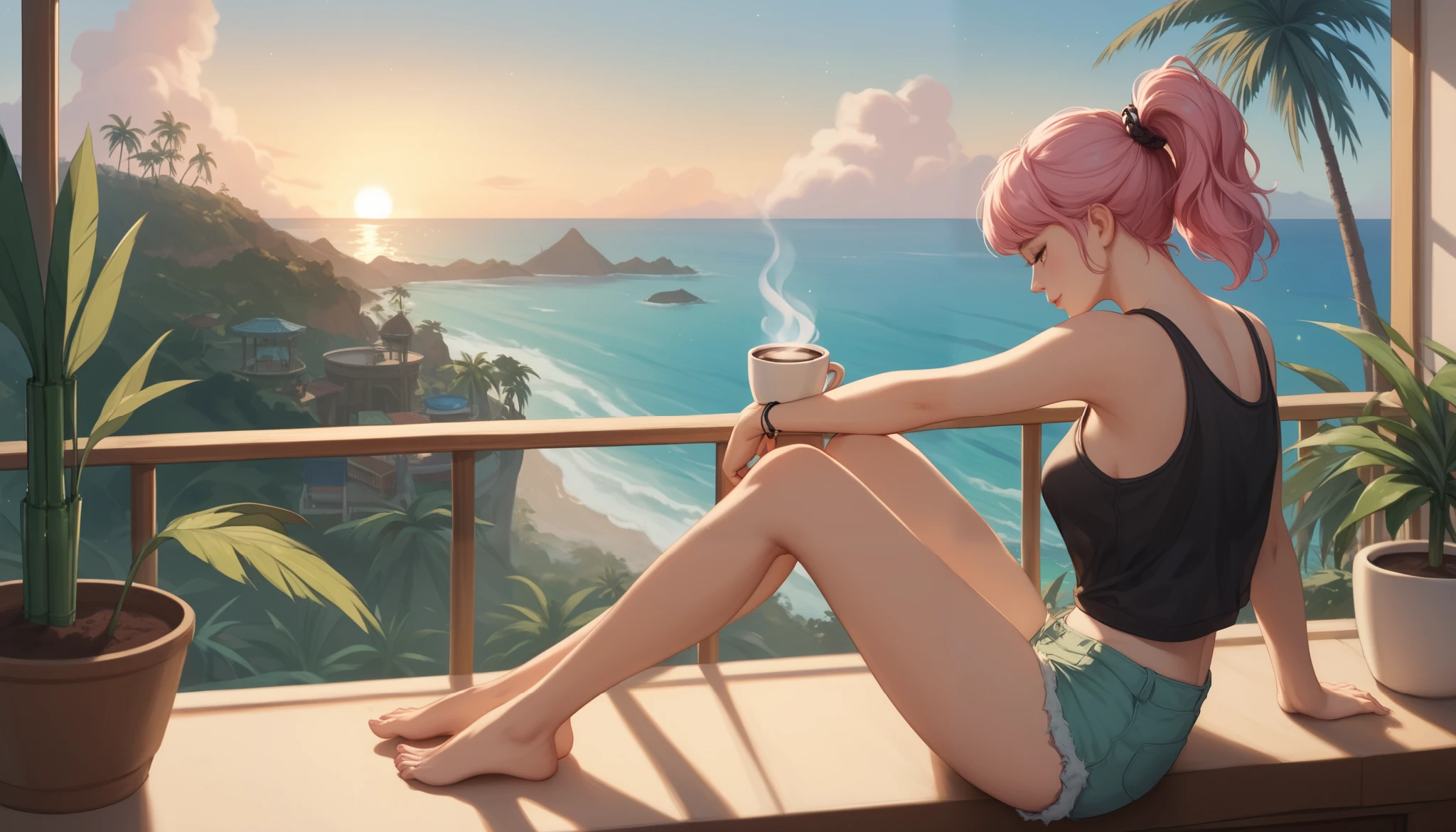 "A woman with pastel green and pink hair tied in a ponytail sits barefoot on a bamboo chair on a rooftop balcony overlooking a tropical island. She is dressed in a black tank top and loose beach shorts, typing on her laptop. A cup of coffee sits nearby, and the distant sound of waves reaching the shore blends with the gentle rustling of palm trees. The sky above is filled with stars, and the warm glow of lanterns on the balcony adds to the peaceful, island-night ambiance."
