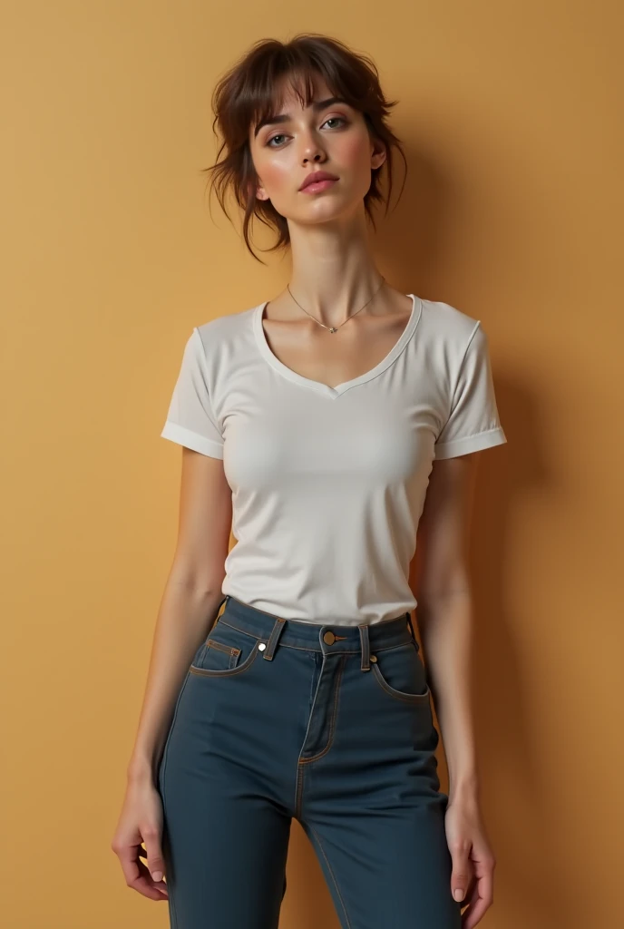 Masterpiece Hyperreal 32k Female, 30 years old, Full Length
 Clothing T-shirt, camisole inside, denim wide pants
 Hairstyles Black straight bob, short. Side parted bangs.
 Blurred background