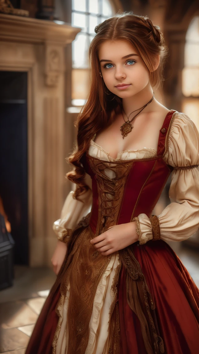 ((   high resolution)), ((Univers Steampunk  )), ((pale skin)),   freckles, ((long, wavy red hair  )),  (( 18 years))   girl :1.6, ((  Beautiful   girl :1.6)),with blue eyes,   cheeks blush  , Smiling,((deep neckline)) ((Middle Ages )),((stands in front of a large fireplace)), ((short medieval dress)), jewelry,((Elegant Pose)),((  Masterpiece  )),((cinematic)),((  high resolution)),((from below))