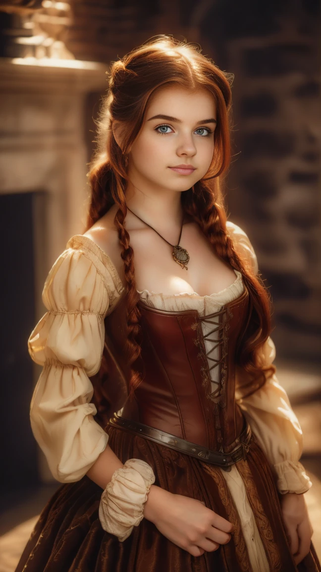 ((   high resolution)), ((Univers Steampunk  )), ((pale skin)),   freckles, ((long, wavy red hair  )),  (( 18 years))   girl :1.6, ((  Beautiful teen  girl :1.6)),with blue eyes,   cheeks blush  , Smiling,((deep neckline)) ((Middle Ages )),((stands in front of a large fireplace)), ((short medieval dress)), jewelry,((Elegant Pose)),((  Masterpiece  )),((cinematic)),((  high resolution)),((from below))