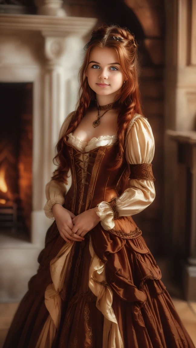 ((   high resolution)), ((Univers Steampunk  )), ((pale skin)),   freckles, ((long, wavy red hair  )),  (( 18 years))   girl :1.6, ((  Beautiful   girl :1.6)),with blue eyes,   cheeks blush  , Smiling,((deep neckline)) ((Middle Ages )),((stands in front of a large fireplace)), ((short medieval dress)), jewelry,((Elegant Pose)),((  Masterpiece  )),((cinematic)),((  high resolution)),((from below))