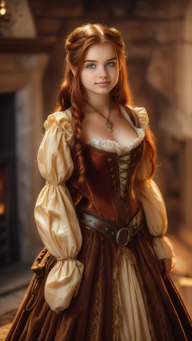 ((   high resolution)), ((Univers Steampunk  )), ((pale skin)),   freckles, ((long, wavy red hair  )),  (( 18 years))   girl :1.6, ((  Beautiful ****  girl :1.6)),with blue eyes,   cheeks blush  , Smiling,((deep neckline)) ((Middle Ages )),((stands in front of a large fireplace)), ((short medieval dress)), jewelry,((Elegant Pose)),((  Masterpiece  )),((cinematic)),((  high resolution)),((from below))