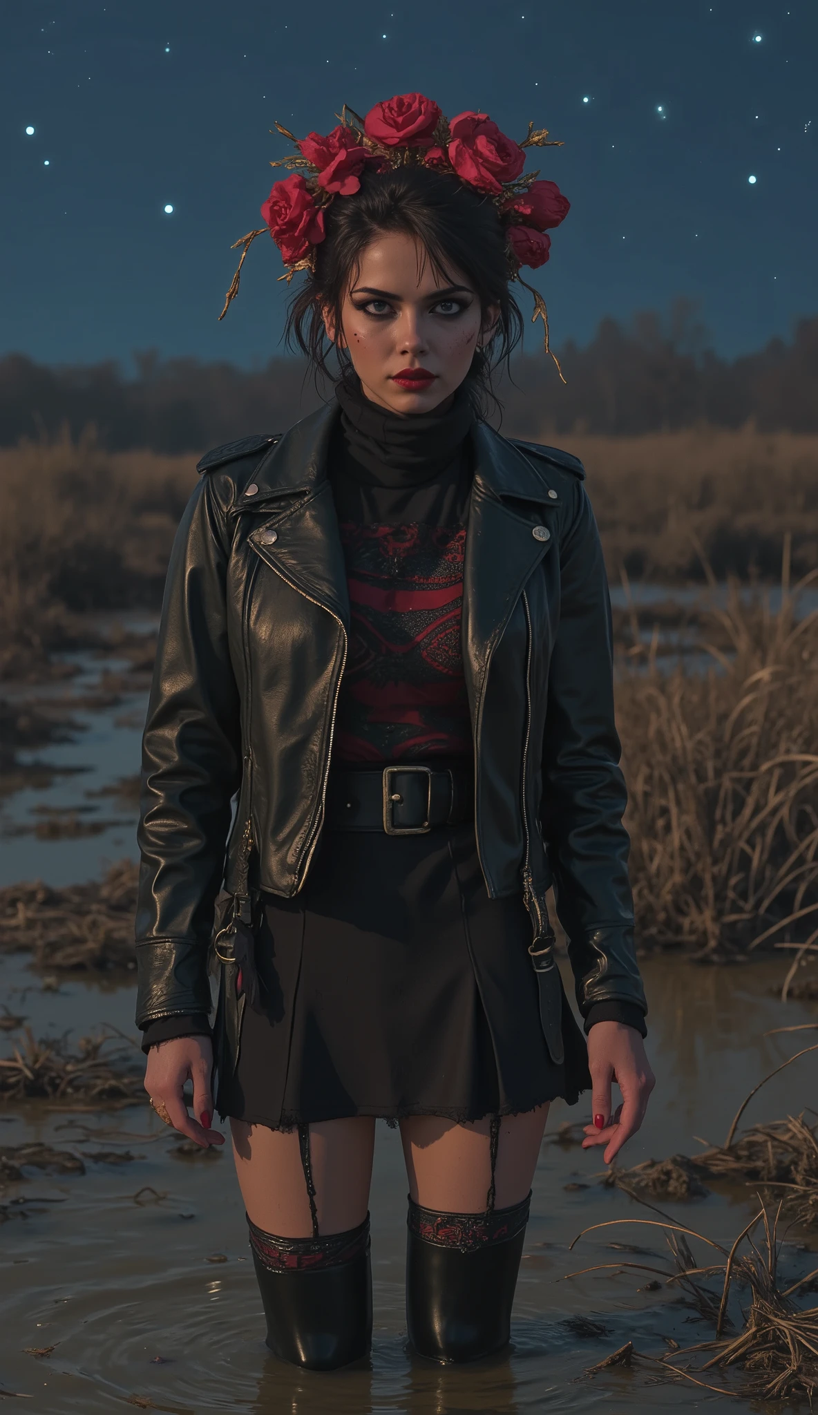 studio light, pale woman, sinks in a sludge bog, bold ritual victim makeup , turtleneck, ethnic patterns, dirty leather jacket, tight skirt, detailed stockings with garters, reeds, night sky stars, posing turns , red black, wreath,