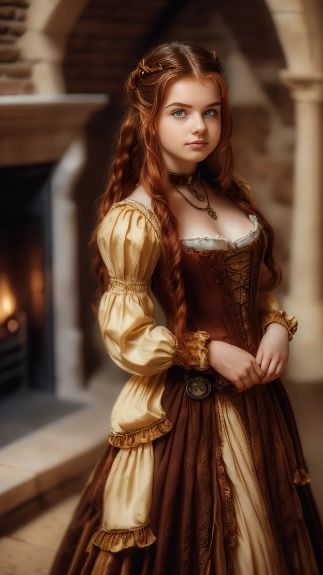 ((   high resolution)), ((Univers Steampunk  )), ((pale skin)),   freckles, ((long, wavy red hair  )),  (( 18 years))   girl :1.6, ((  Beautiful teen  girl :1.6)),with blue eyes,   cheeks blush  , Smiling,((deep neckline)) ((Middle Ages )),((stands in front of a large fireplace)), ((short medieval dress:1.2)), jewelry,((Elegant Pose)),((  Masterpiece  )),((cinematic)),((  high resolution)),((from below))