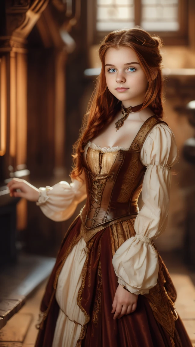 ((   high resolution)), ((Univers Steampunk  )), ((pale skin)),   freckles, ((long, wavy red hair  )),  (( 18 years))   girl :1.6, ((  Beautiful teen  girl :1.6)),with blue eyes,   cheeks blush  , Smiling,((deep neckline)) ((Middle Ages )),((stands in front of a large fireplace)), ((short medieval dress:1.2)), jewelry,((Elegant Pose)),((  Masterpiece  )),((cinematic)),((  high resolution)),((from below))