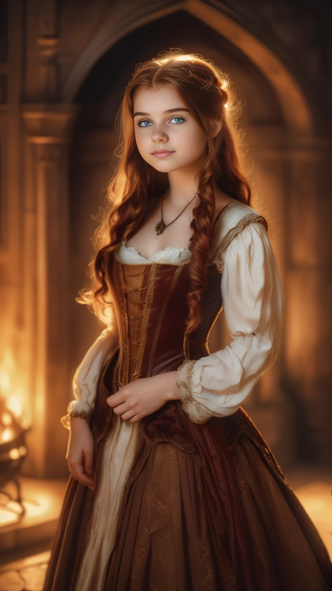 ((   high resolution)), ((Univers Steampunk  )), ((pale skin)),   freckles, ((long, wavy red hair  )),  (( 18 years))   girl :1.6, ((  Beautiful   girl :1.6)),with blue eyes,   cheeks blush  , Smiling,((deep neckline)) ((Middle Ages )),((stands in front of a large fireplace)), ((short medieval dress:1.2)), jewelry,((Elegant Pose)),((  Masterpiece  )),((cinematic)),((  high resolution)),((from below))