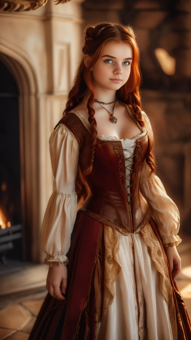 ((   high resolution)), ((Univers Steampunk  )), ((pale skin)),   freckles, ((long, wavy red hair  )),  (( 18 years))   girl :1.6, ((  Beautiful teen  girl :1.6)),with blue eyes,   cheeks blush  , Smiling,((deep neckline)) ((Middle Ages )),((stands in front of a large fireplace)), ((short medieval dress:1.2)), jewelry,((Elegant Pose)),((  Masterpiece  )),((cinematic)),((  high resolution)),((from below))