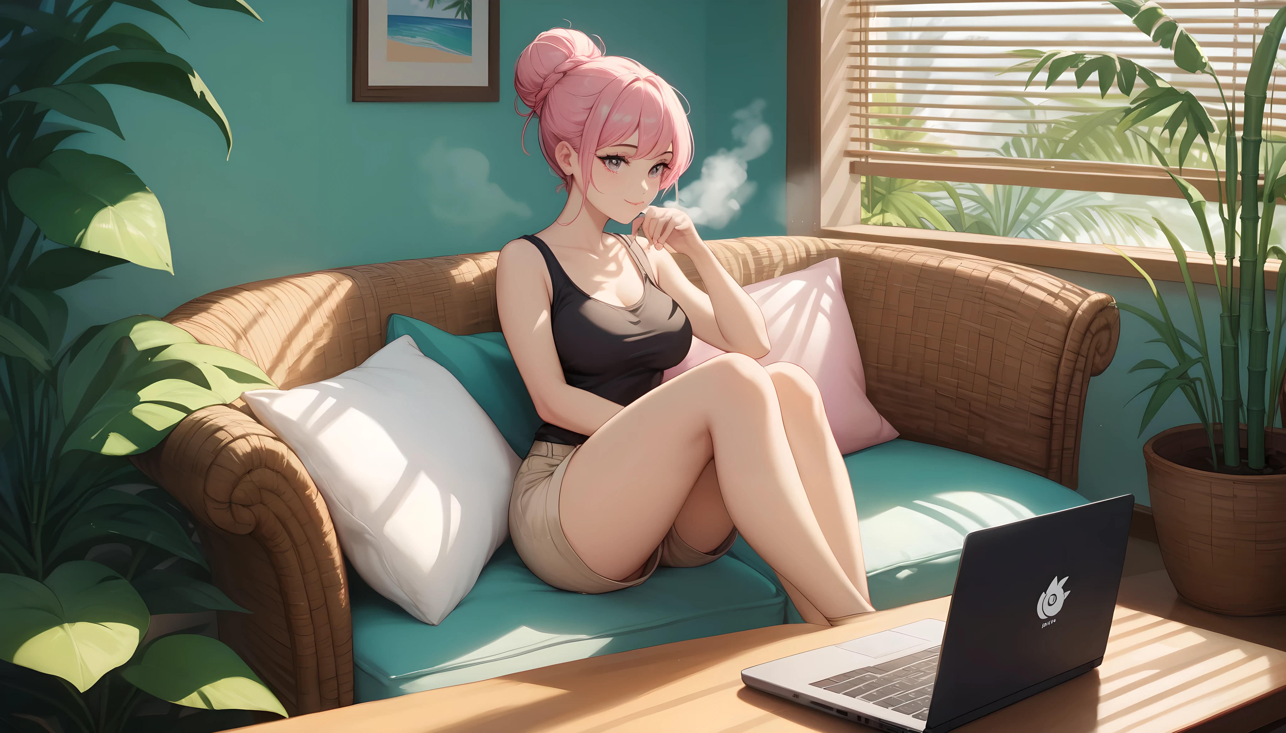 "A woman with pastel green and pink hair tied in a bun sits on a wicker armchair in a tropical-inspired living room, typing on her laptop. She wears a black tank top and beige shorts. The sunlight pours through large windows framed by bamboo blinds, highlighting the lush indoor plants and tropical prints on the pillows. A steaming cup of coffee sits on a nearby side table, adding a touch of warmth to the airy, vibrant space."