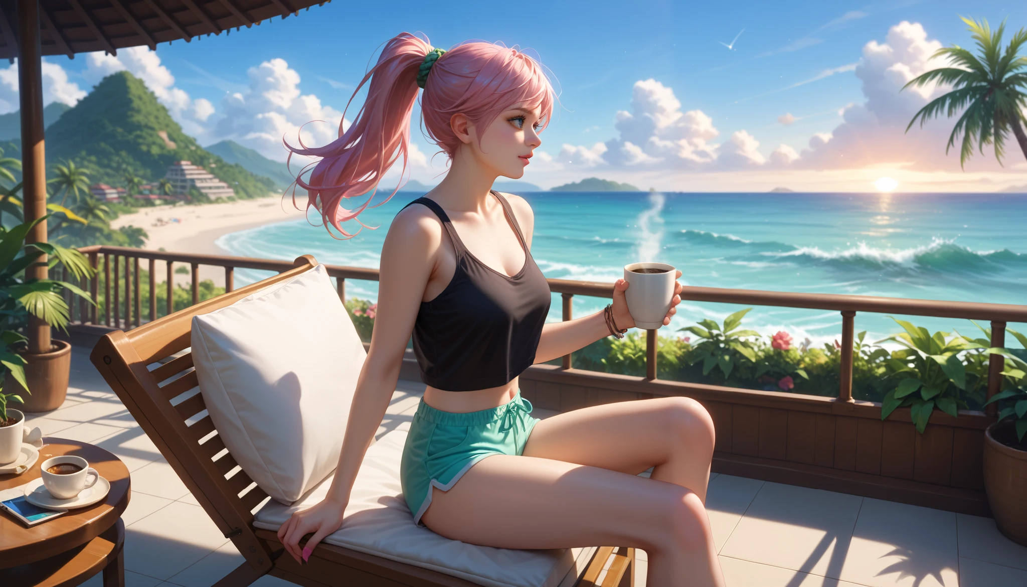 "A woman med boobs with pastel green and pink hair tied in a ponytail sits barefoot on a bamboo chair on a rooftop balcony overlooking a tropical island. She is dressed in a black tank top and loose beach shorts, typing on her laptop. A cup of coffee sits nearby, and the distant sound of waves reaching the shore blends with the gentle rustling of palm trees. The sky above is filled with stars, and the warm glow of lanterns on the balcony adds to the peaceful, island-night ambiance."