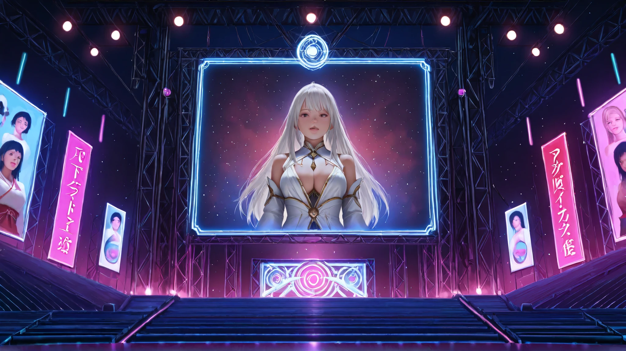 generate the view of a gigantic stage, 3 stage levels, neon lights, at the midddle of the stage there is a portal/rift opening to another world, no characters (((anime style painting)))、{{masterpiece、Highest quality、(((Realistic、Realistic:1.37)))、8K quality}}、!! no characters please !! no characters