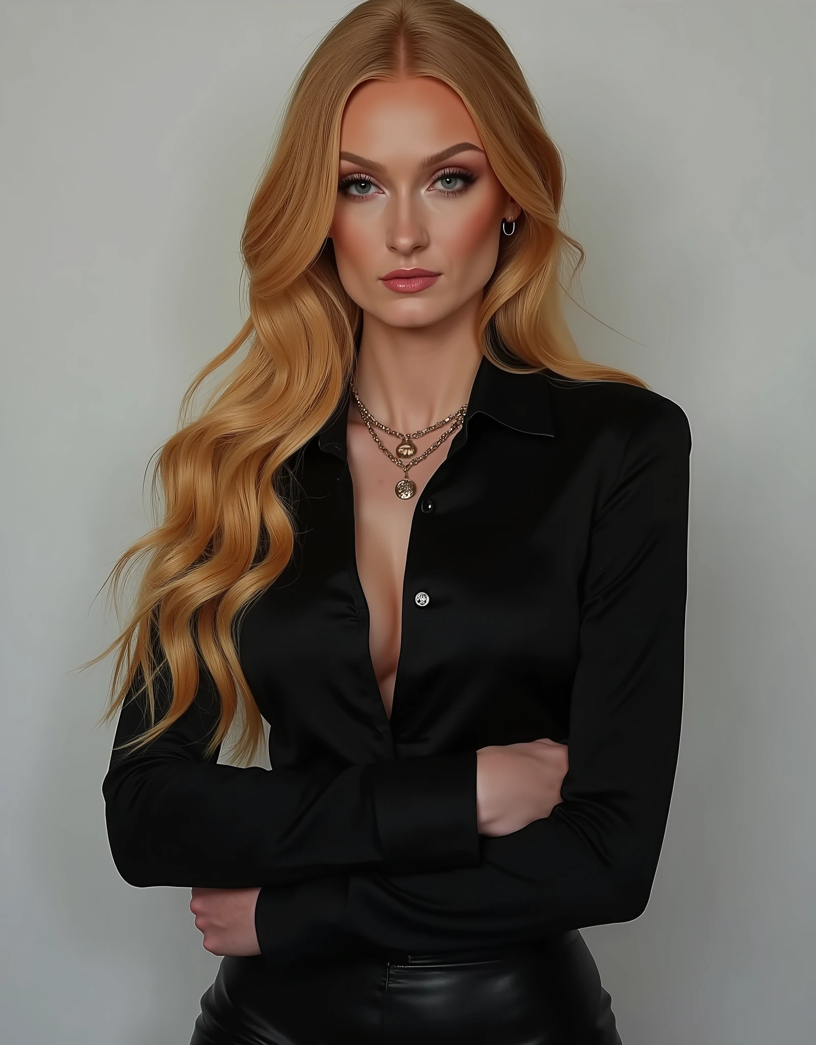 Rosie Huntington-Whiteley, Create a woman in the realistic style, long blonde hair, with a model face, she is 25 years old and a criminal, de corpo inteiro, black tight-fitting clothing in elegant style, long sleeved shirt and leather pants, with neckline on the blouse 