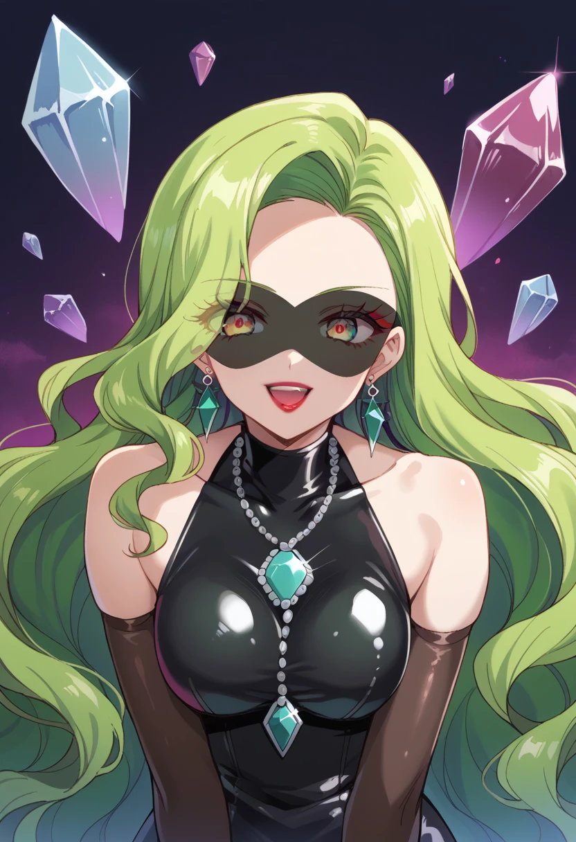 1 girl, cute face, green hair, very long hair, wavy hair, latex alone, gloves, red lipstick, makeup, elbow-length gloves, eye shadow, bare shoulders, latex black dress, gem necklace,purple crystal earrings, black mist background,very evil laugh out loud,Shaded face(eyes in shadow),dark aura,大きく口を開ける