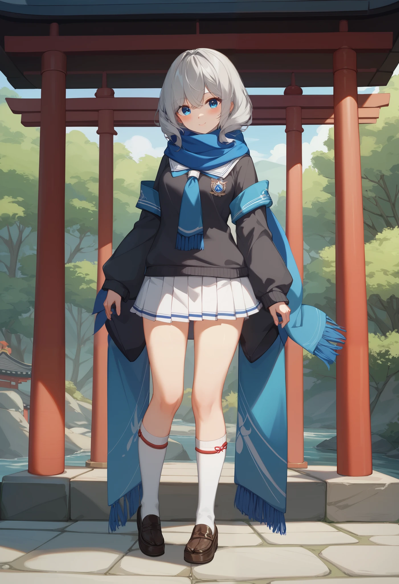  girl 、 cute、 kind、 short、 small、 long sleeve sailor suit、 Longer Skirt 、 sweater 、Blue scarf、 long mufflers、 loafers､Above the knee socks、Gray Hair、 bob hair、Only transverse hair is long、Only transverse hair is long、 free to hide one eye ､ blue eyes、、full body、standing、Clear、shrine