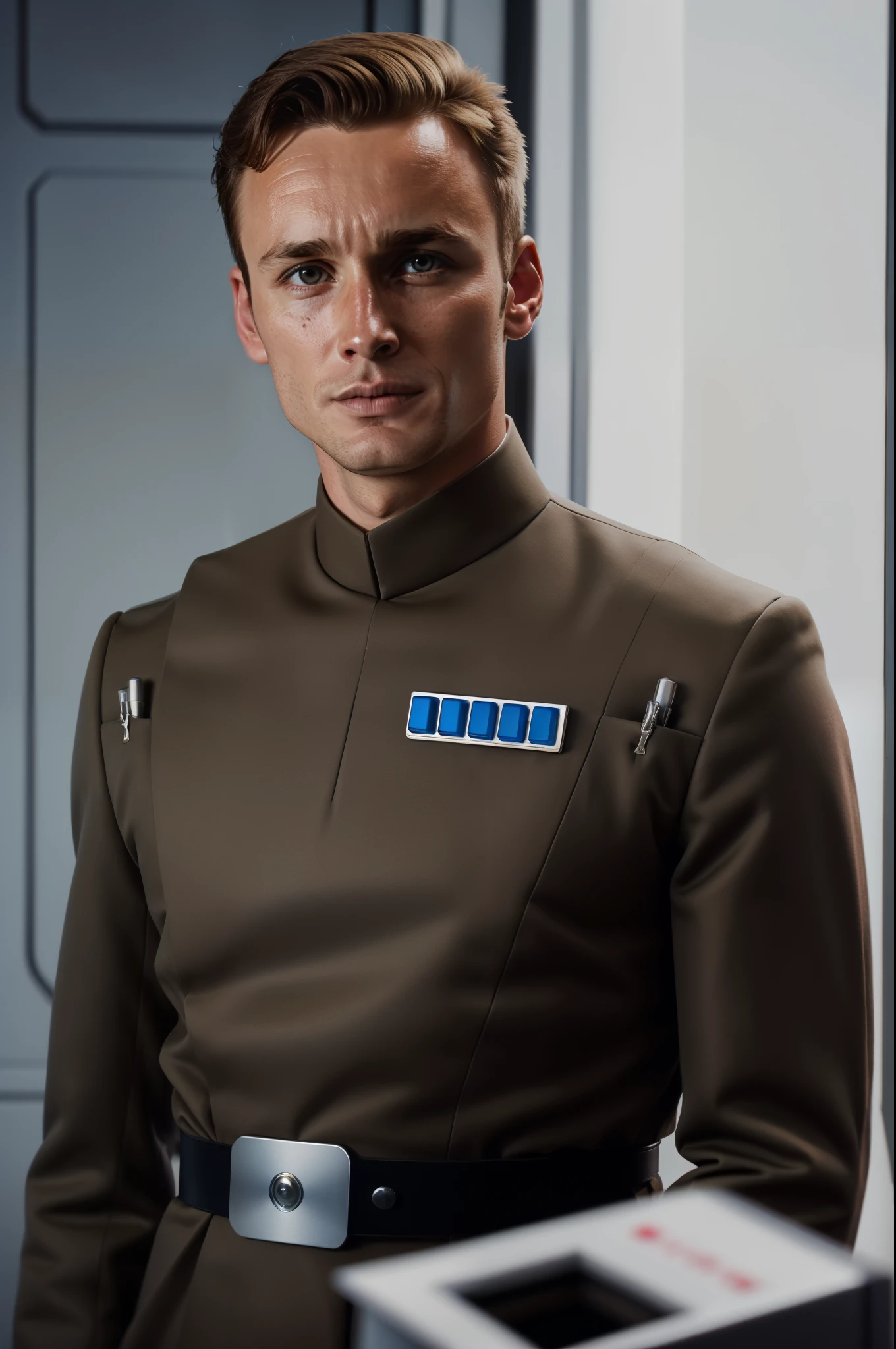 young thomas kretschmann with short brown hair in imperialofficer uniform, in a interrogation room, 8k uhd, dslr, soft lighting, high quality, film grain,masterpiece quality,Fujifilm 