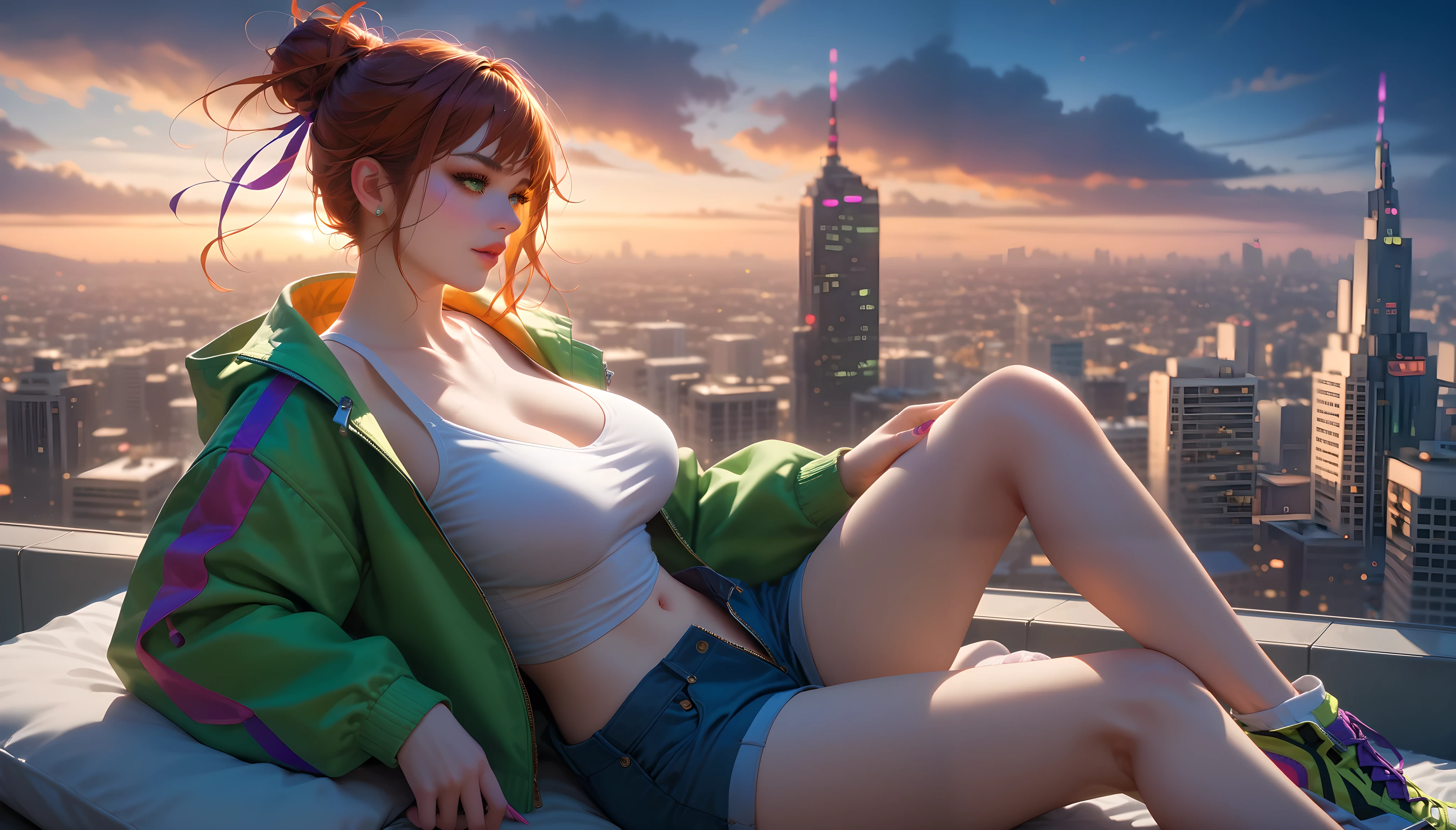 "A woman big breast with auburn hair tied in a messy bun with dark purple streaks works on her laptop at a rooftop lounge during sunset. She wears a white tank top and an olive-green jacket, unzipped casually. The city skyline and vibrant orange-pink sky create a breathtaking, modern aesthetic."

