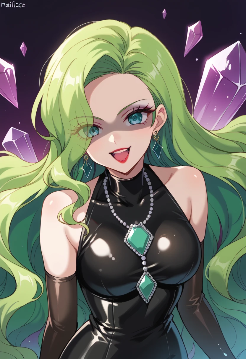 1 Girl, cute face, green hair, very long hair, wavy hair, latex alone, gloves, red lipstick, makeup, elbow-length gloves, eye shadow, bare shoulders, latex black dress, gem necklace,purple crystal earrings, black mist background,very evil laugh out loud,Shaded face(eyes in shadow),Dark aura, wide opening ,Malice、laugh at