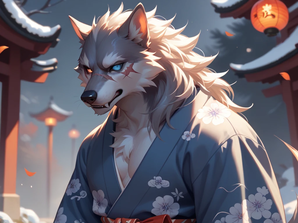 Furry werewolf silver fur scar on his eye heterochromia or eyes of a different color wounds on his face archer bow and arrow Yukata or Japanese kimono 