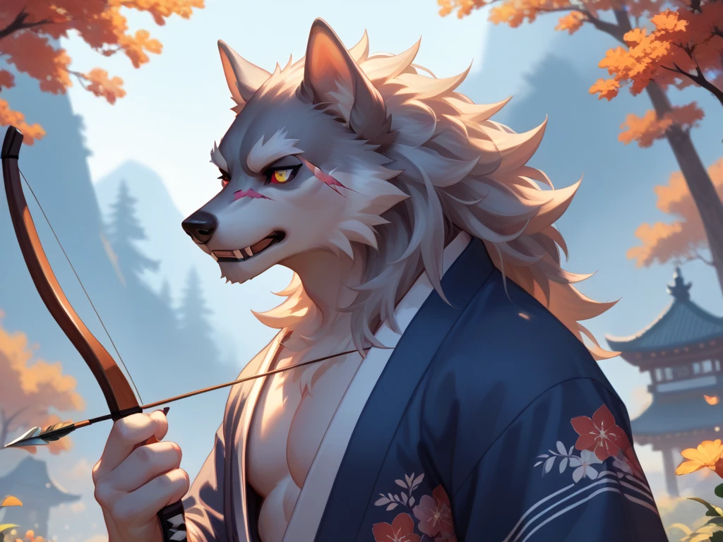 Furry werewolf silver fur scar on his eye heterochromia or eyes of a different color wounds on his face archer bow and arrow Yukata or Japanese kimono 