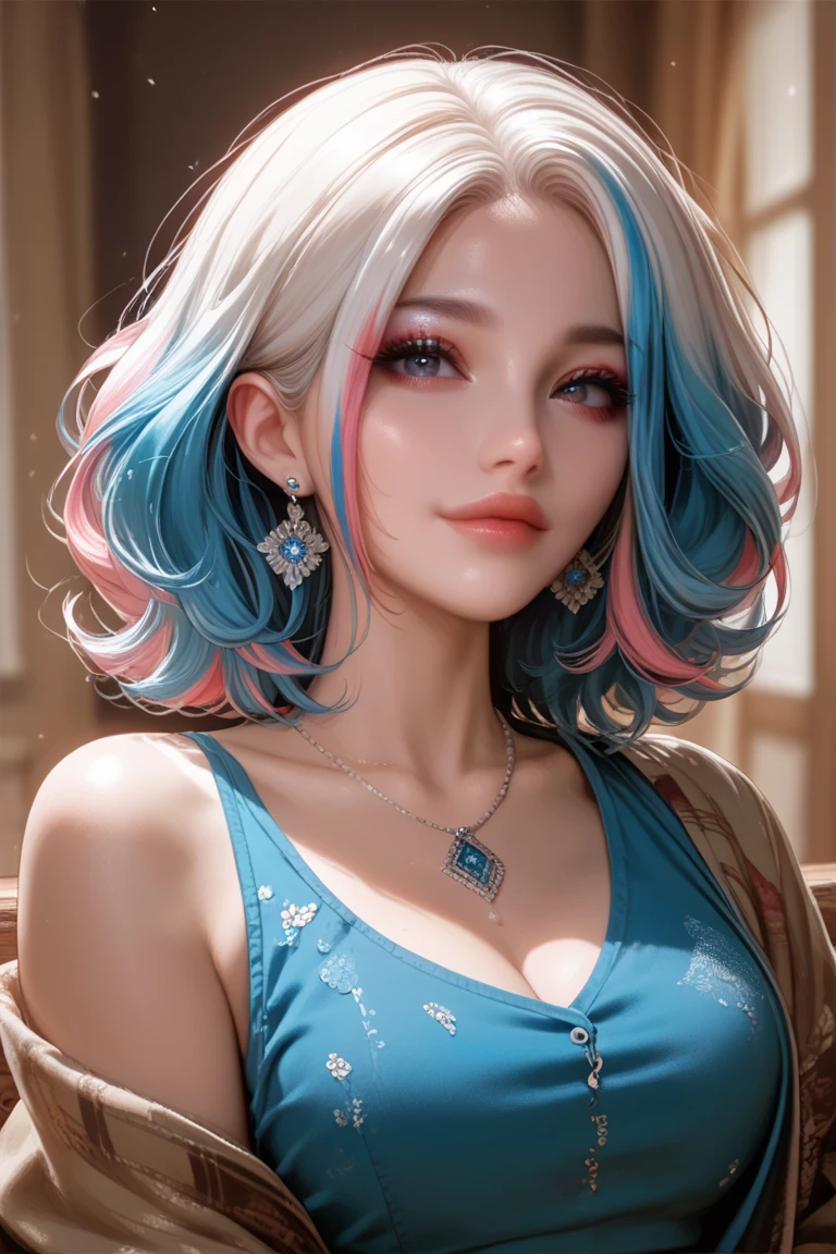 moody lighting, cute girl, (platinum blue hair), ((drill hair)), perfect face, smug smile, (glowing red eyes), (naked), (petite), (slender), (tiny breasts), (flat chest), ((18 years old)), skindentation, extreme detail, attractive oval face, pink lips, pink nipples, glossy skin, detailed hair, face focus, close-up chest, gold ornamental necklace, earrings, (1 girl),