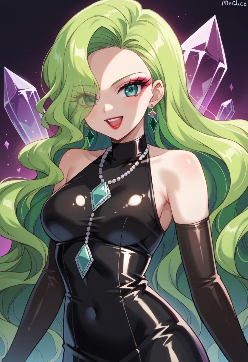 1 Girl, cute face, green hair, very long hair, wavy hair, latex alone, gloves, red lipstick, makeup, elbow-length gloves, eye shadow, bare shoulders, latex black dress, gem necklace,purple crystal earrings, black mist background,very evil laugh out loud,Shaded face(eyes in shadow),Dark aura, wide opening ,Malice、laugh at、Self-conceit