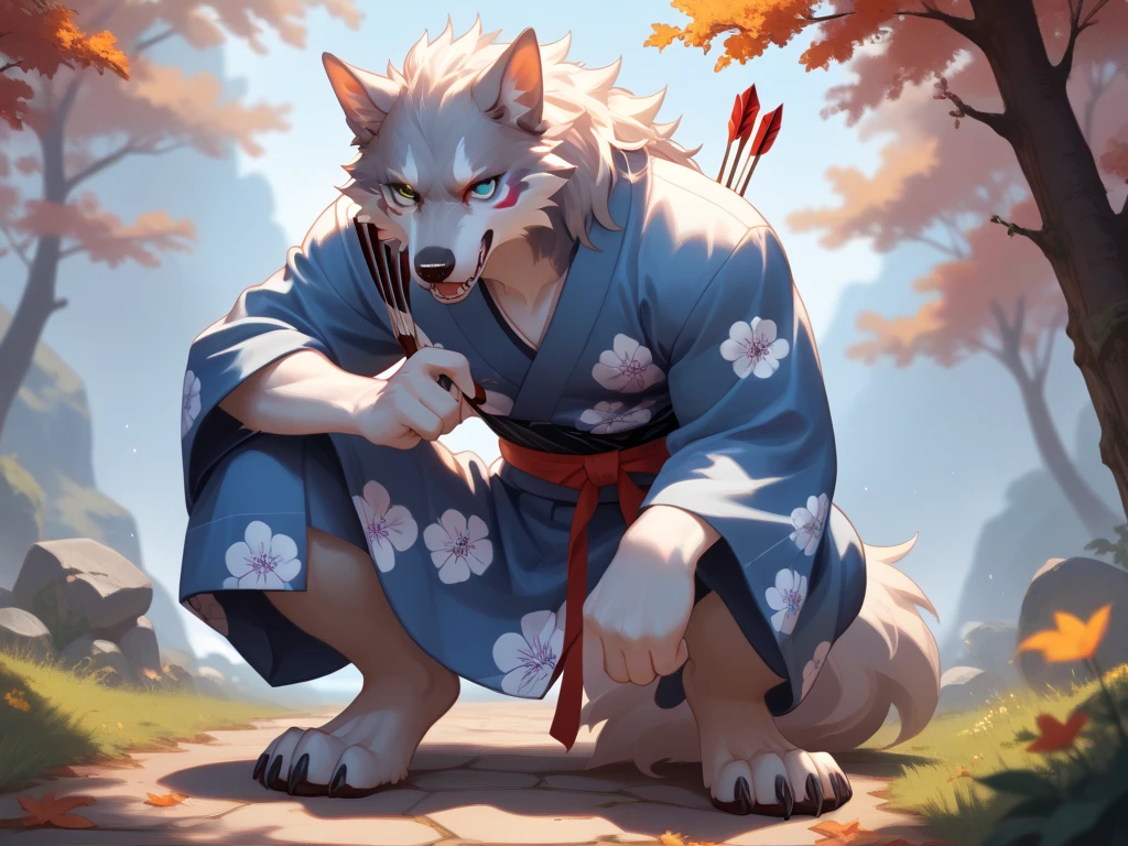 Furry werewolf silver fur scar on his eye heterochromia or eyes of a different color wounds on his face archer bow and arrow Yukata or Japanese kimono full body