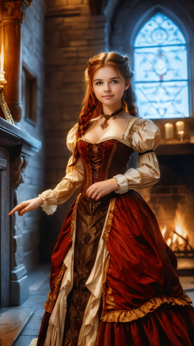 ((   high resolution)), ((Univers Steampunk  )), ((pale skin)),   freckles, ((long, wavy red hair  )),  (( 18 years))   girl :1.6, ((  Beautiful   girl :1.6)),with blue eyes,   cheeks blush  , Smiling,((deep neckline)) ((Middle Ages )),((stands in front of a large fireplace)), ((short medieval dress:1.2 with a large cutout)), jewelry,((Elegant Pose)),((  Masterpiece  )),((cinematic)),((  high resolution)),((from below))