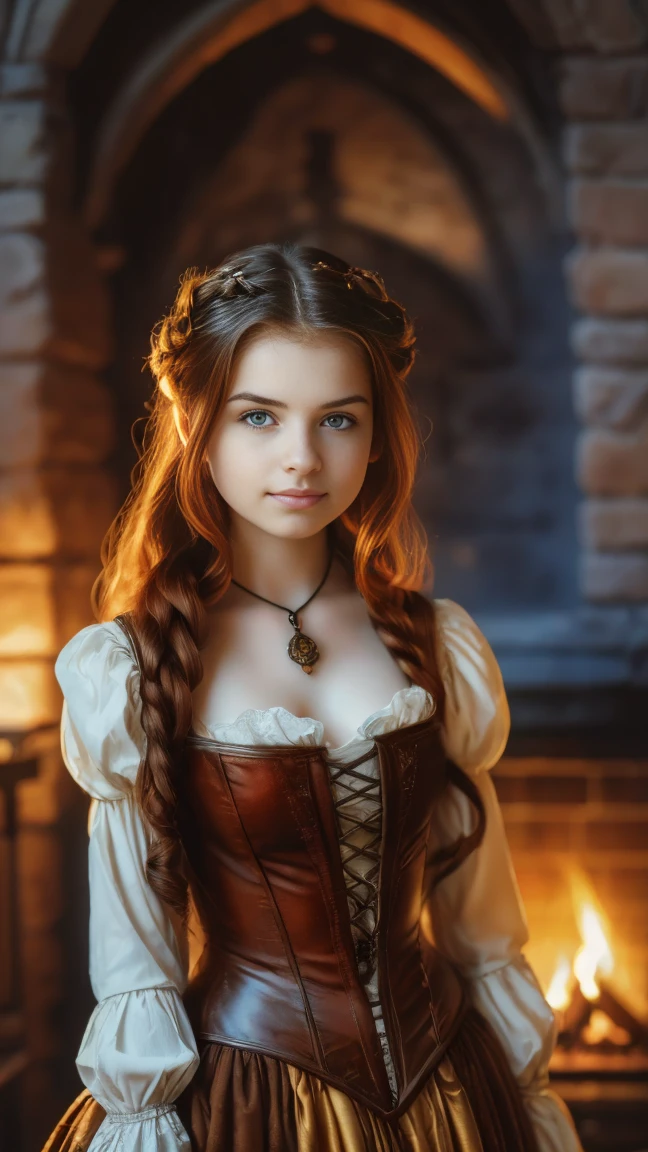 ((   high resolution)), ((Univers Steampunk  )), ((pale skin)),   freckles, ((long, wavy red hair  )),  (( 18 years))   girl :1.6, ((  Beautiful ****  girl :1.6)),with blue eyes,   cheeks blush  , Smiling,((deep neckline)) ((Middle Ages )),((stands in front of a large fireplace)), ((short medieval dress:1.2 with a large cutout)), jewelry,((Elegant Pose)),((  Masterpiece  )),((cinematic)),((  high resolution)),((from below))