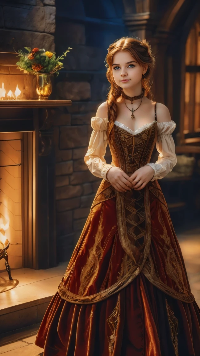 ((   high resolution)), ((Univers Steampunk  )), ((pale skin)),   freckles, ((long, wavy red hair  )),  (( 18 years))   girl :1.6, ((  Beautiful   girl :1.6)),with blue eyes,   cheeks blush  , Smiling,((deep neckline)) ((Middle Ages )),((stands in front of a large fireplace)), ((short medieval dress:1.2 with a large cutout)), jewelry,((Elegant Pose)),((  Masterpiece  )),((cinematic)),((  high resolution)),((from below))