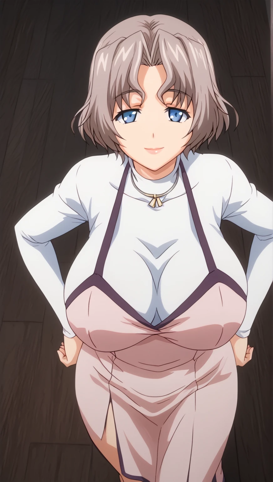 RyoukoYanagi ,  short hair,  gray hair , Blue eyes, Big breasts,  moon dress under her mouth , makeabove,  lipstick,  Ryouko , jewelry, collar, Pink apron, Love, white turtleneck,  looking at the viewer ,  closed mouth , smile,   hands on her own hips,, 16K,  masterpiece, absurdo,  highly detailed , highres,  high quality,  better quality,  score_9,  score_8_above,  score_7_above,  score_6_above,  round,  round skin,  round hair