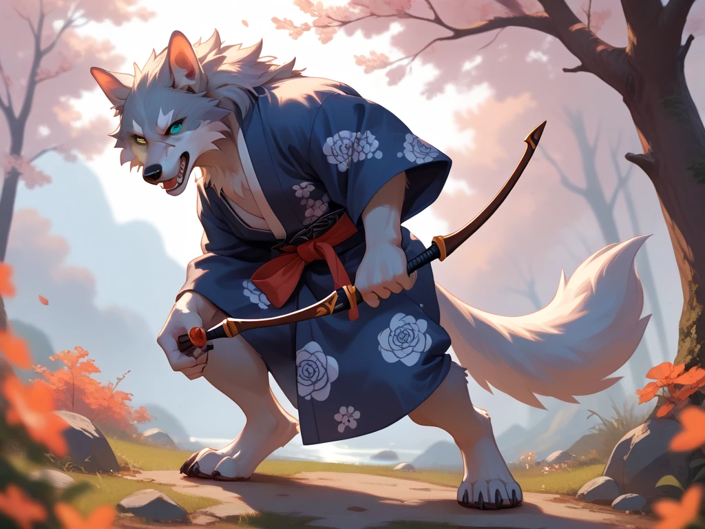 Furry werewolf silver fur scar on his eye heterochromia or eyes of a different color wounds on his face archer bow and arrow Yukata or Japanese kimono full body