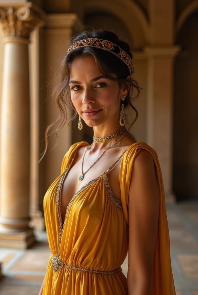 Foto hiperrealista en primer plano de Alicia Vikander, masterpiece, brunette women, best quality, (photorealistic:1.4), full body, scene from ancientRrome, traditional light green roman long round-neck dress with gold belt, garden, cinematic light, beautiful woman, skinny, large breasts, straight dark blond hair, detailed face, smile she laughs, facing the camera, photo taken from a distance, age of 20 years old, her legs are visible, big breast:2.0, deep cleavage:1.5,
